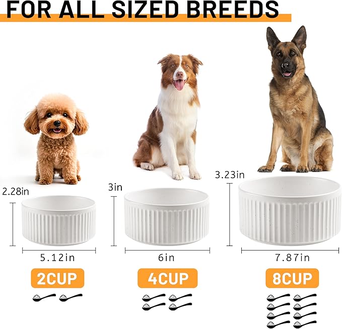 Non-Slip Ceramic Dog Bowls,8" Dog Food and Water Bowl Set with Silicone Base, 64oz/8cups Weighted Flip-Proof Pet Feeding Bowl for Medium and Large Dogs (Large,White)
