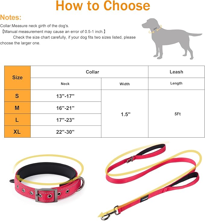 Annchwool Adjustable Dog Collar and 5FT Leash Set with Heavy Duty Metal Buckle–Comfortable Lining Reflective Collar & Dual-Handles for Small Medium Large Dogs Walking,Running,(Red Set,L:17''-23'')