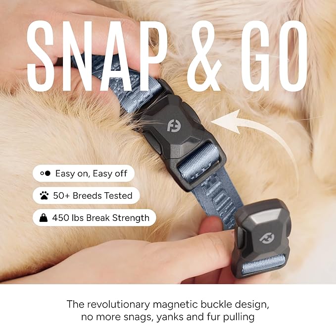 2026 New Edition, Fei & Eve MagEase Dog Collar - Patented Magnetic Buckles | Fur-Safe | Premium 210D Nylon | 450LB Escape-Proof | Adjustable Fit | Large (Dusk Blue)