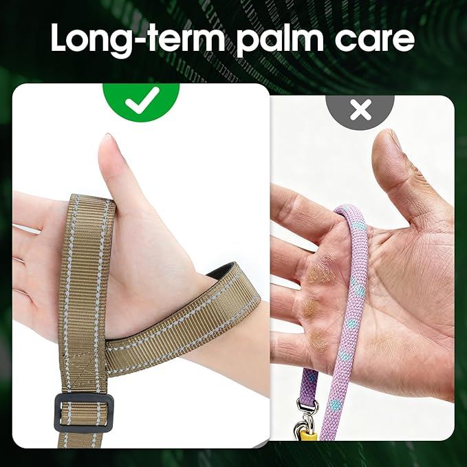 Hands-Free Dog Leash, Heavy Duty No-Pull Training Lead w/Anti-Tangle, Double Padded Traffic Handles Adjustable 5.5-6.2FT & Reflective Thread for Medium Large Dogs for Running/Walking Khaki