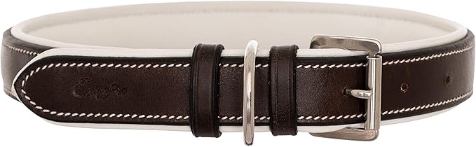 Exion Geniun Leather Dog Collar Designer Stitched Soft Leather Padded- Suitable for Small Medium Large X-Large Dogs for Walking Running- Havana with White Padding