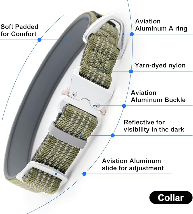 Plutus Pet Reflective Dog Collar with Aviation Aluminum Buckle, Neoprene Padded for Comfort, Lightweight, Heavy Duty Nylon Collar for Puppy Small Medium Large Dogs (Ranger Green, L)