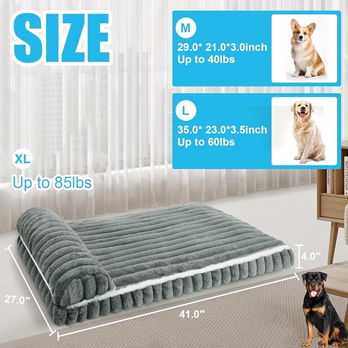 Comfort Dog Beds for Extra Large Dogs,Dog Bed with Removable Washable Cover, Deluxe Plush Dogs Bed for Crate with Pillow, Anti-Slip Pet Mat Mattress for Kennel with Durable Zipper(Grey,XL)