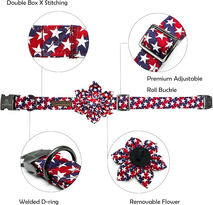 Lionheart glory American Flag Dog Collar 4 of July Dog Collars with Flower Independence Patriotic Dog Flower Collars Heavy Duty Adjustable Collar Flower for Large Dogs Pet Gift