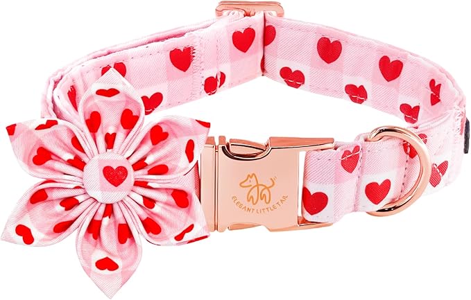Elegant little tail Valentine's Dog Collar - Pink Plaid Red Heart Dog Collars Flower Pet Collars with Sturdy Metal Buckle Cute Puppy Adjustable Collar for X-Small Dogs