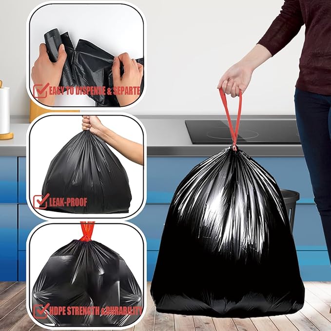 2-4 Gallon Trash Bags Drawstring, 200 Count Bulk Value Pack, Black & Unscented Small Multi-purpose Garbage Bags for Business Home Bathroom Kitchen Commercial and Industrial