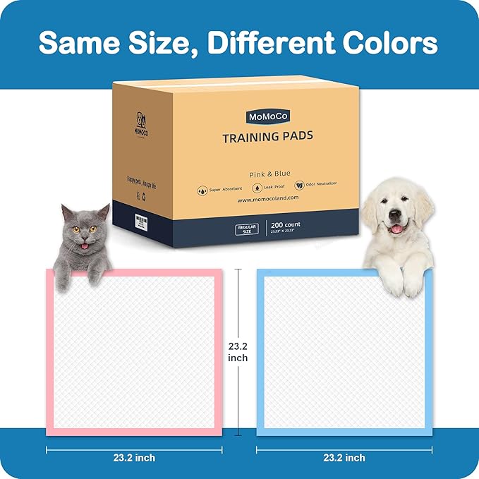 MoMoCo Puppy Pads 23″×23″ Disposable Dog Pee Pads Super Absorbent, Leak-Proof Puppy Training Potty Pads, 200-Count Value Pack (100 Blue + 100 Pink)