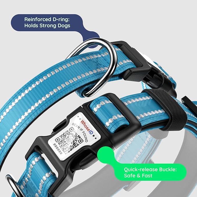 Airtag Dog Collar, Reflective Ultra-Durable Nylon Padded with QR Code Buckle & IP68 Waterproof Air Tag Holder Compatible for Apple AirTag, Comfortable for Small Medium Large Dogs (Blue, XS)