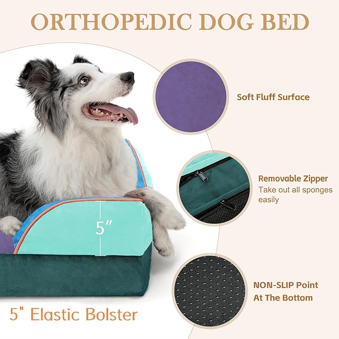 Comfort Expression Orthopedic Dog Bed for Extra Large Dogs 45x35 Inch, Waterproof Egg Crate Foam XL Pet Bed with Removable Bolsters, Dog Couch with Washable Cover & Non-Slip Bottom, Violet Tide