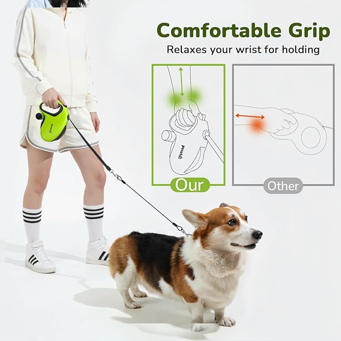 Pecute 26ft Retractable Dog Leash with Poo Bag Holder, Chew Proof Dog Leash with 360° Tangle-Free Extended, Anti-Slip Handle & Quick Brake Button, Suitable for Dogs Up to 110lbs in Weight