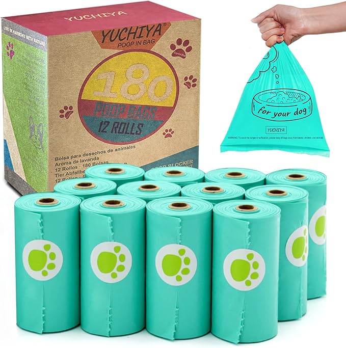 Dog Poop Bags Holder with LED Flashlight|Pet Waste Bags Dispenser for Leash|Doggie Potty Bags Container with Leak-proof Pet Trash Bags and Accessories (180 Bags, Crystal Blue)