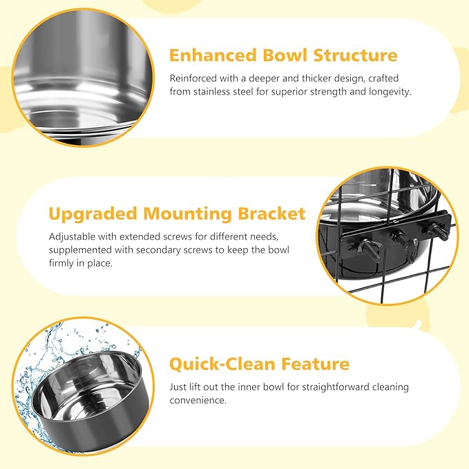 Large Dog Crate Water Bowl No Spill, 2 Pack Stainless Steel Dog Bowls for Food and Water, Pet Kennel Hanging Dogs Food Bowls for Medium/Large Dogs and Cats (7.1"x3.7" & 6.3"*2.6", Black)