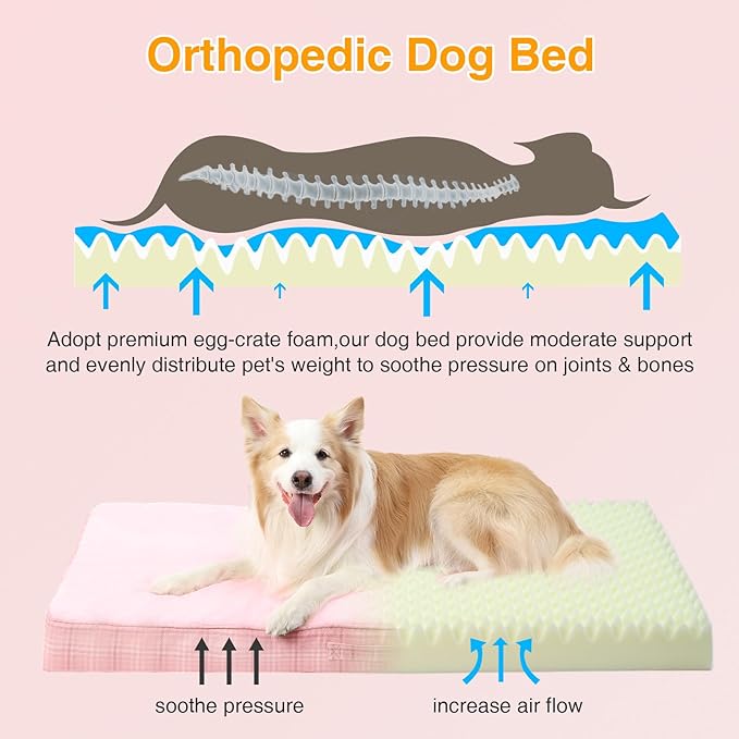 MIHIKK Washable Orthopedic Dog Bed for Large Dogs, XXL Waterproof Pet Bed with Egg Crate Foam Strong Support, Machine Washable Cover & Anti-Slip Bottom & Durable Zipper 47x29(Pink)