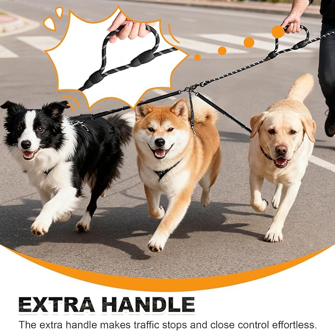 No Tangle Leash for 3 Dogs, 3-in-1 Leash with 360° Swivel & Shock Absorbing Bungee, Padded Handle No Tangle Walking Lead for Large Medium Small Dog