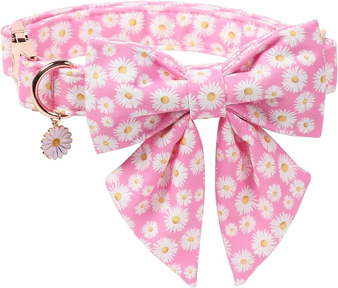 DOGWONG Spring Dog Collar with Sailor Bow, Soft Comfortable Adjustable Cute Pink Daisy Collar for Puppies and Cats, XS