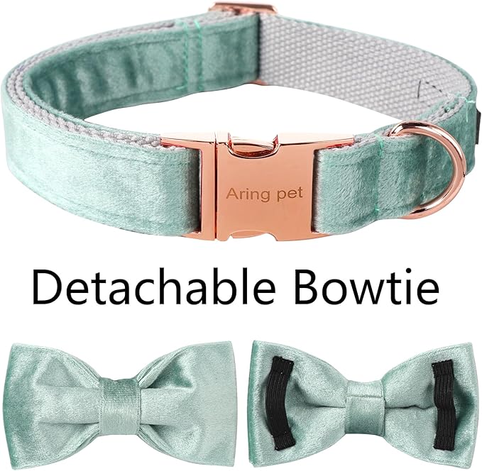 ARING PET Velvet Dog Collars with Bow tie, Dog Bowtie Collar, Adjustable Green Dog Collar,Medium.