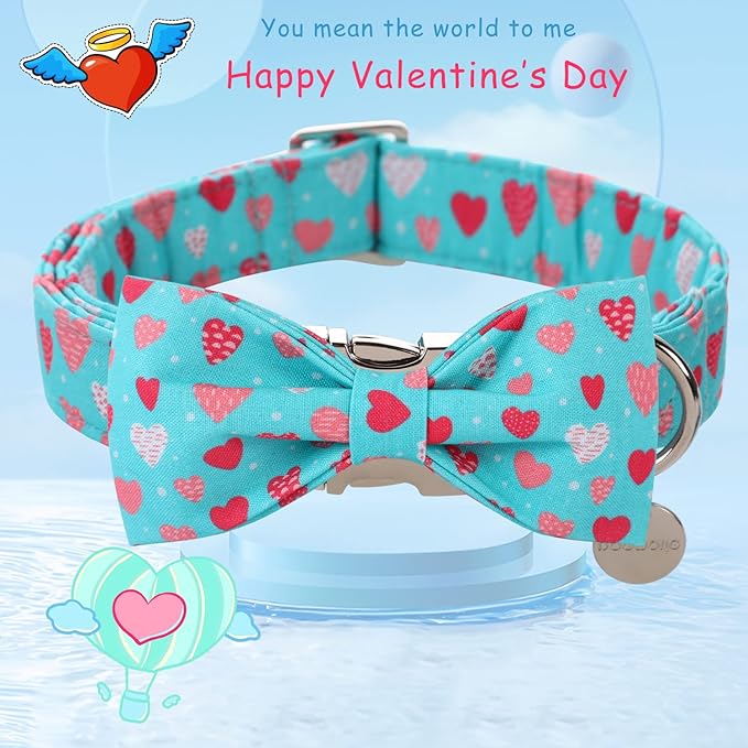 DOGWONG Valentine's Dog Collar With Bowtie - Blue Heart Adjustable Cotton Collar for Small, Medium, Large Dogs