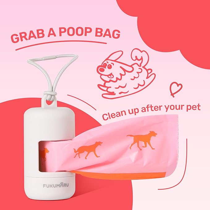 FUKUMARU Dog Poop Bags, 120 Rose Scent Poop Bag Holder and Dispenser with Leash Attachment for Dogs, Cats, and Multi-pet Use - Running Pattern Bags, Gray Holder