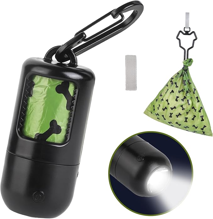 Dog Poop Bag Holder with Flashlight, USB Rechargeable, Doggie Waste Bag Dispenser for Leashes, Includes 1 Roll Extra Thick Bags, Clip & Holder - by PetIsay(Black)