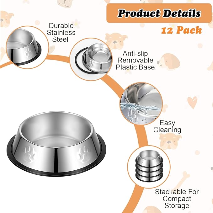 12 Pack Stainless Steel Pet Bowls with Non-Slip Base - 7oz Small Dog & Cat Feeding Bowls, Shallow Metal Food and Water Dishes for Kittens, Puppies, Rabbits (Silver)