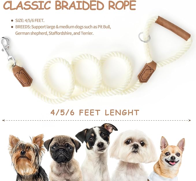 Mile High Life Dog Leash, Braided Cotton Rope Leashes with Leather Handle - Heavy Duty Metal Clasp, 4FT, 1/2" Thick - Wedding, Walking & Training Leash for Small Medium Large Dogs (White)