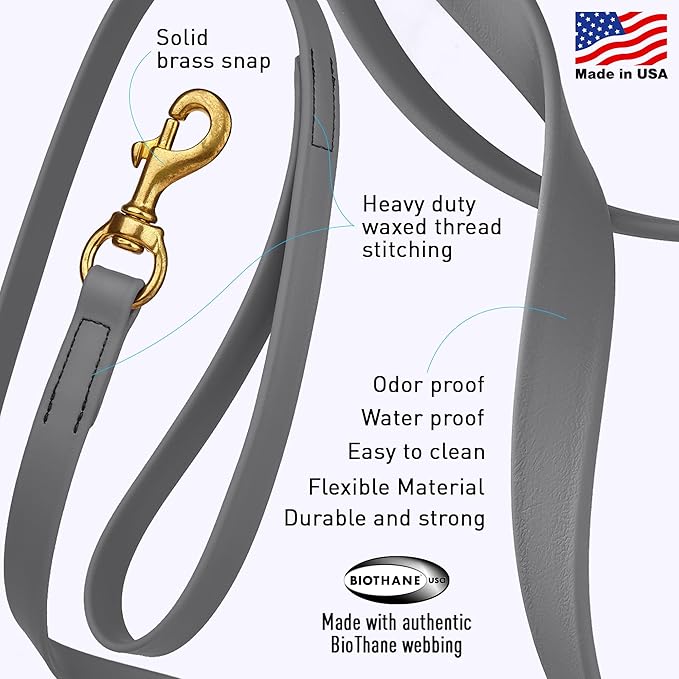 Viper Biothane K9 Working Dog Leash Waterproof Lead for Tracking Training Schutzhund Odor-Proof Long Line with Solid Brass Snap for Puppy Medium and Large Dogs, 10ft Battleship Gray