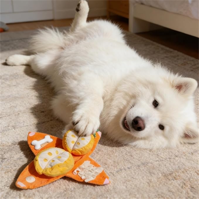 Orange Hide and Seek Plush Dog Toy, Interactive Squeaky Puzzle Toy with Hidden Pockets, Hide and Seek Dog with Crinkle Papers, Watermelon Dog Toy with Squeakers for All Dogs (Orange)