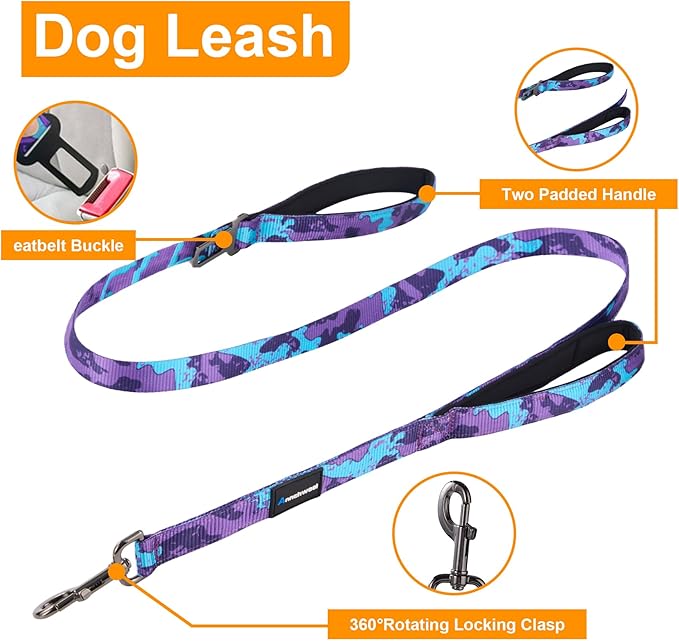 Annchwool Adjustable Dog Collar and 5 FT Leash Set with Heavy Duty Metal Buckle–Comfortable Lining Collar & Dual-Handles for Medium Large Dogs Walking,Car Travel(Camo Purple Set,L:17''-23'')