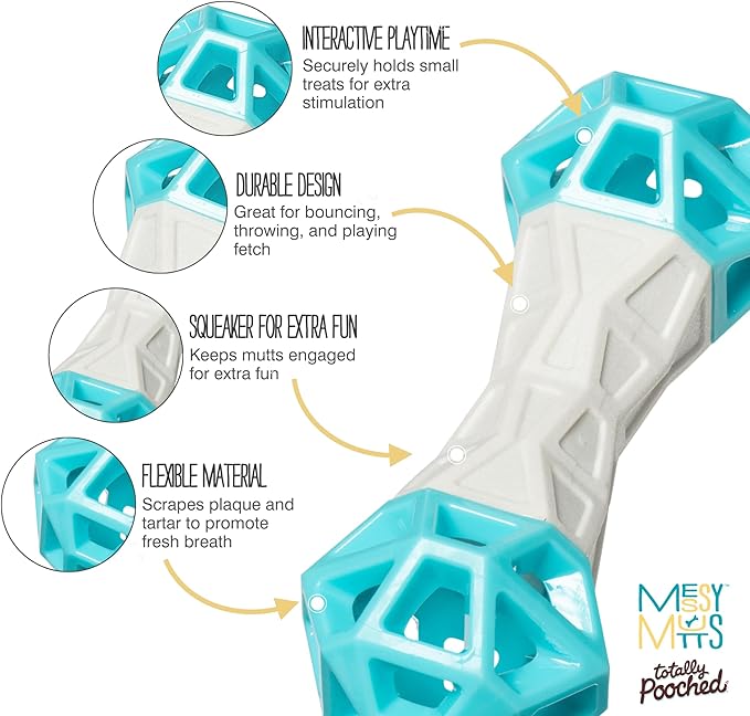 Messy Mutts Totally Pooched Flex n' Squeak Dumbbell | 7” Foam Rubber Dog Toy with Squeaker | Made for Tough Chewers | Interactive Treat Puzzle for Dogs | Grey/Teal