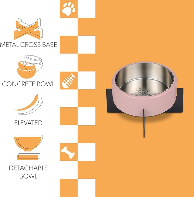 DBL3000D Intersecta Small/Medium Concrete and Stainless Steel Bowl 16oz (2 Cups) with Metal Stand Pet Feeder, Pink/Black