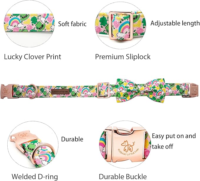 Elegant little tail St. Patrick's Dog Collar, Green Clover Print Sturdy Soft Dog Collars Pet Gift Puppy Bowtie Adjustable Pet Collars for Small Dogs