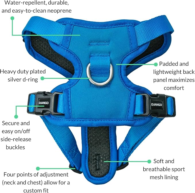 DJANGO Tahoe No Pull Dog Harness – Escape-Proof Dog Harness for Large Dogs with Front & Back Clips for Everyday Use – Adjustable, Padded, Reflective, Secure Fit, Easy On/Off – Alpine Blue, XL