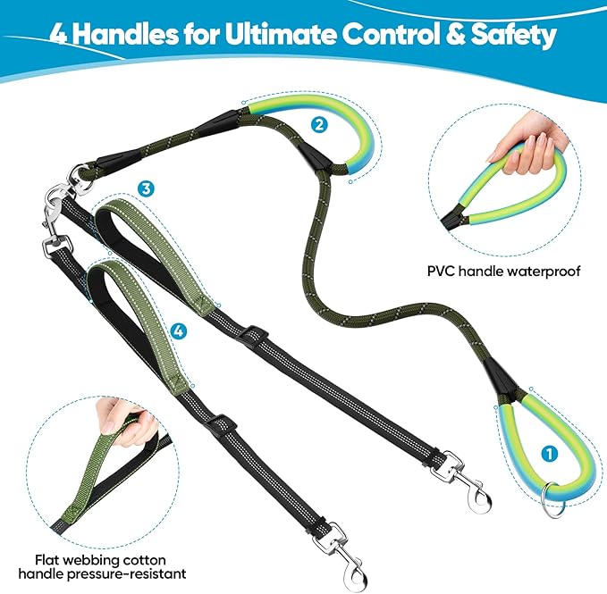 XiaZ Double Dog Leash for Two Dogs, Dual Dog Leash with Tangle-Free Swivel & 4 Comfortable Handles, Highly Reflective Three Point Control Dog Leash for Small Medium Dogs, 3/8”ArmyGreen