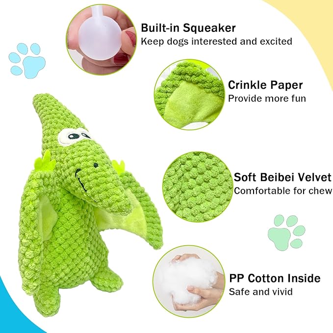 LWBMG Squeaky Dog Toys Plush Dog Toy with Crinkle Paper Dinosaur Dog Toy Stuffed Animals Chew Toy Plush Squeaky Dog Birthday Toys for Small Medium Large Dogs Green