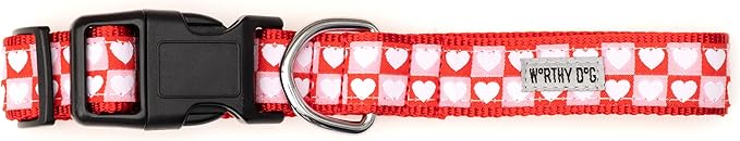 THE WORTHY DOG Adjustable Holiday Dog Collar for Large Dogs, Durable Nylon Webbing, Quick Release Buckle, Colorblock Hearts Valentine's Day Pattern, Pink & Red, X-Large