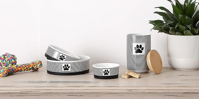 Bone Dry Ceramic Stripe Paw Pet Bowls Collection, Dishwasher Safe, Medium, 6x2, Black 2 Count
