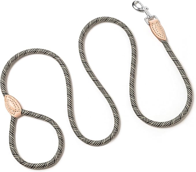 Mile High Life Rope Leash with Genuine Leather Connection, 6 FT/5 FT/4 FT, Heavy Duty Leash for Small Medium & Large Dogs(Black Beige,60 Inch)