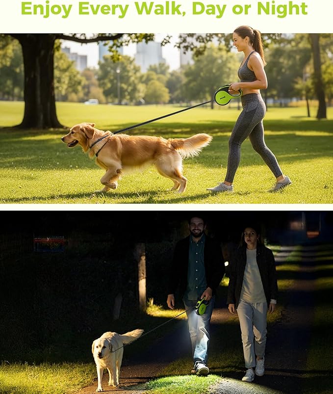 Retractable Dog Leash with Flashlight, 26ft Heavy Duty Retractable Pet Leash with Light, One-Button Control, Anti-Twist Protection, Reflective Leashes for Medium Large Pets Dogs Up to 110 lbs