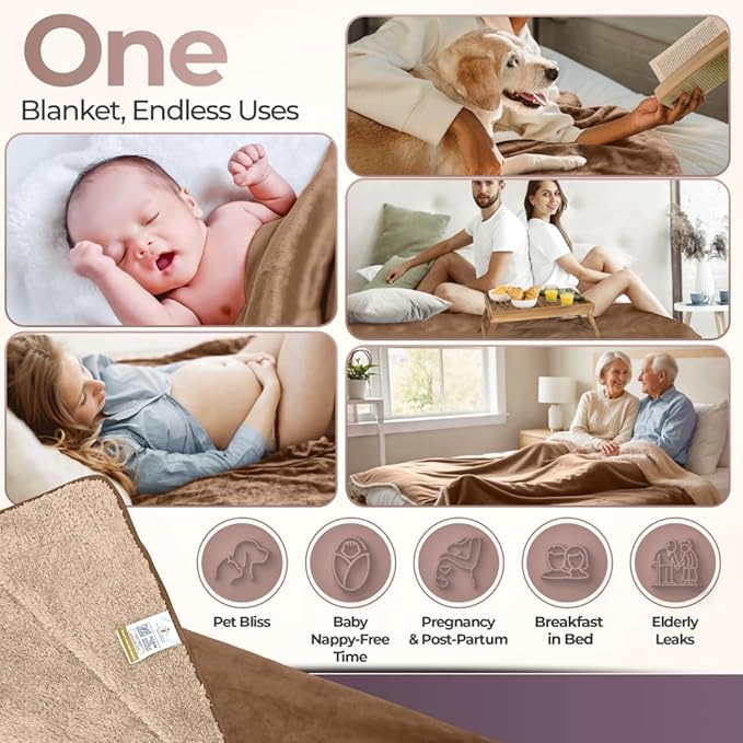 Sacred Weapon Waterproof Blanket Queen/Twin Size 50"x80" - Ultra-Soft Fleece Top & Sherpa Back - Noiseless, Absorbent Bed Protector - Machine Washable for Kids, Pets, Elderly Care - Beige