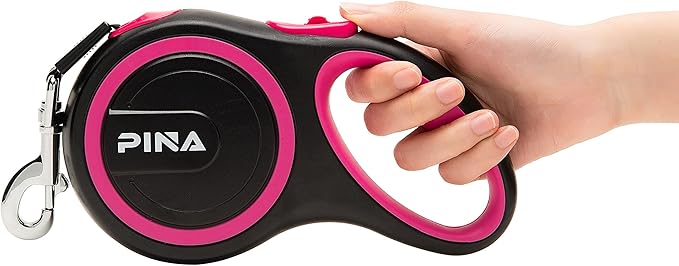 PINA Retractable Dog Leash, 26ft Dog Leash for Small Medium Large Dogs Up to 110lbs, 360° Tangle-Free Strong Reflective Nylon Tape, with Anti-Slip Handle, One-Handed Brake, Lock - Black Pink