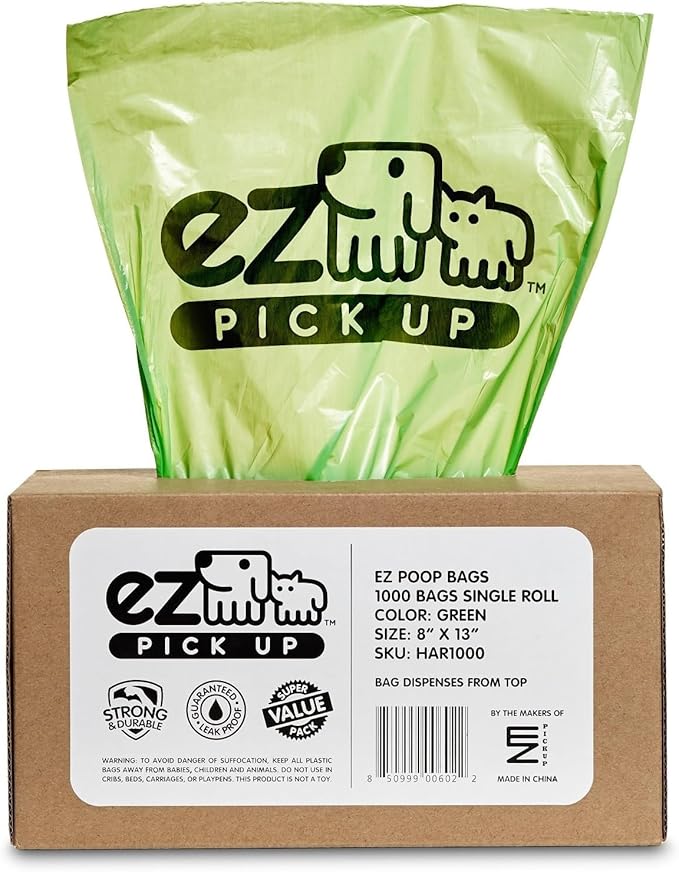 EZ Pick Up 1000 Count Dog Waste Poop Bags, Unscented Single Roll, Heavy Duty, Improved Thickness (Green - 1000ct)
