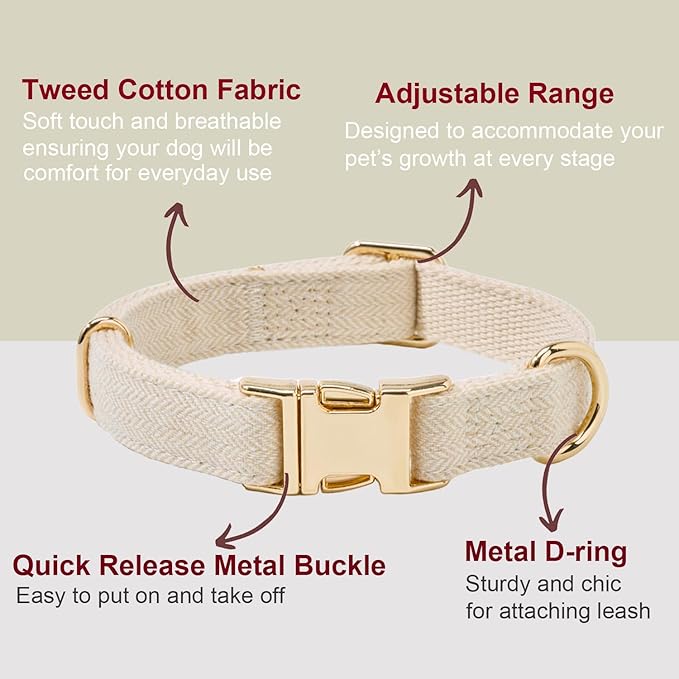 Soft Cotton Hemp Dog Collar with Metal Buckle Adjustable Tweed Dog Collars for Small Medium Large Dogs(Beige,Large)