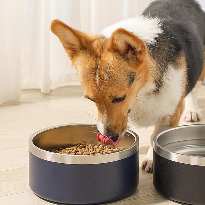 LIHONG Stainless Steel Dog Bowls for Large Dogs,Dog Food Water Bowls with Non Slip Rubber Bottom,Pet Feeding Bowl,Double Wall Insulated,Rustproof(64oz,Black)