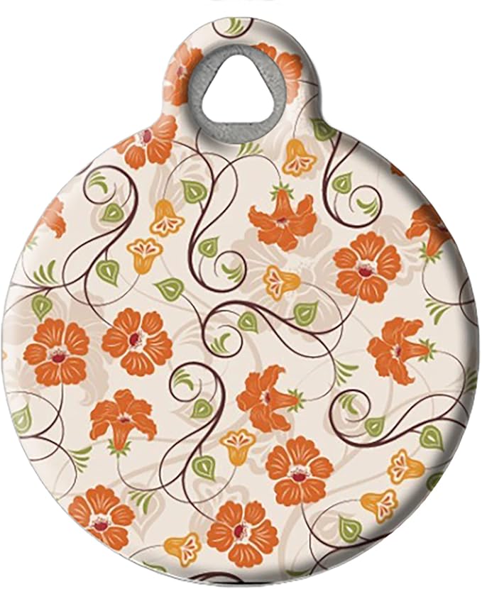 Dog Tag Art Floral Pattern Pet ID Tag for Dogs and Cats, Silent Polymer Coated Stainless Steel Nametag with Customized Identification Information - Large 1.25" Diameter
