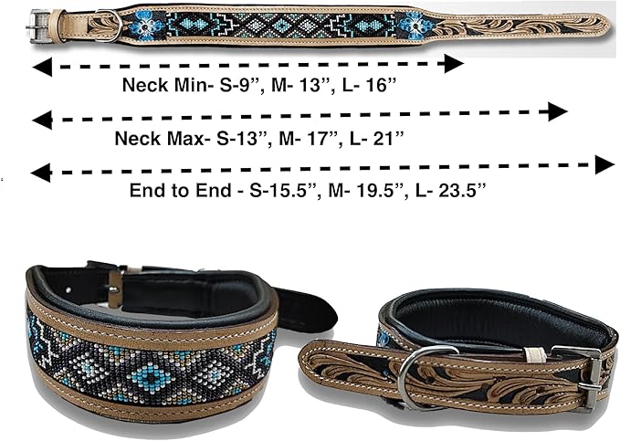 Majestic Ally Padded Leather Dog Collar, Multi-Color Beaded Diamond Design, Handcrafted (Large, Diamond Beadwork)