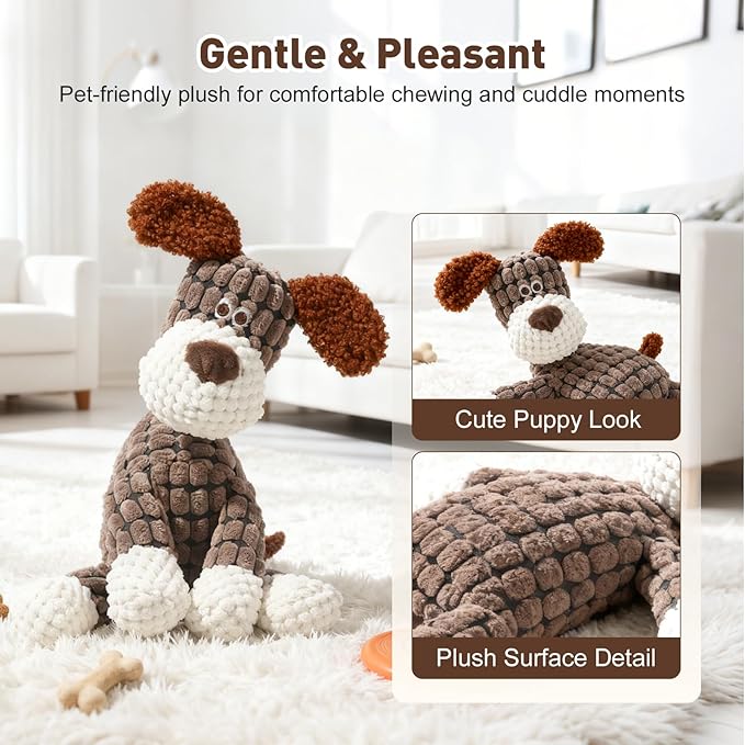 2026 New Interactive Dog Toy, Durable Dog Stuffed Toys for Aggressive Chewers, Interactive Squeaky Chew Teething Toys for Small Medium Large Dogs Puppy (Brown)