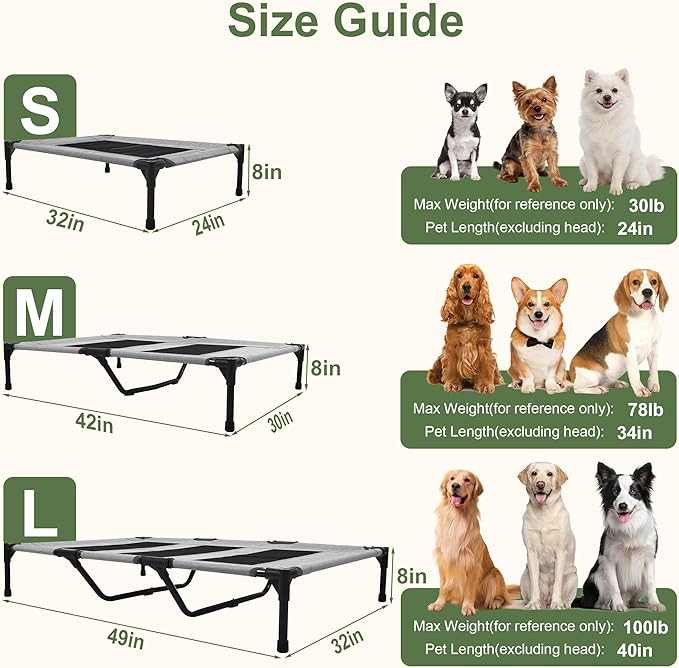 Outdoor Dog Bed, Raised Pet Cot for Medium and Large Dogs, Cooling Breathable Mesh, Durable Sturdy Frame, Washable Cover, Portable and Easy to Assemble Indoor/Outdoor Pet Bed, Grey, S