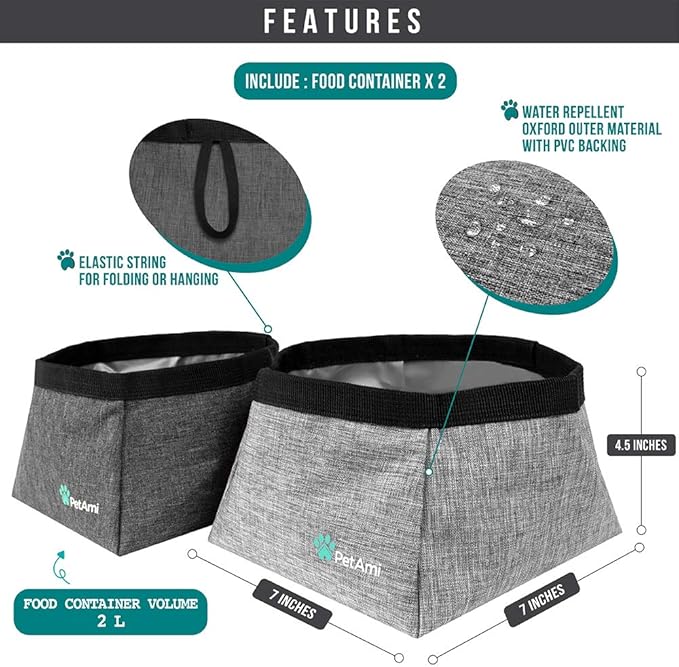 PetAmi Collapsible Dog Travel Bowls, Large Lightweight Foldable Bowl, Water Food Bowls for Pets Dogs for Hiking, Camping, Backpacking, Kibble, 2 Pack (Heather Grey)