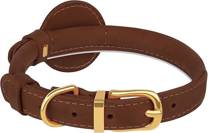 OOPSDOGGY Rolled Leather Dog Collar with Airtag Holder - Reflective Round Airtag Dog Collar - Soft Tracking Pet Collar for Small Dogs Puppy Cats Kitten (Brown, S, 10"-13")