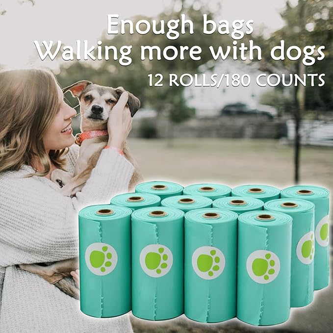 Dog Poop Bags Holder with LED Flashlight|Pet Waste Bags Dispenser for Leash|Doggie Potty Bags Container with Leak-proof Pet Trash Bags and Accessories (180 Bags, Crystal Blue)